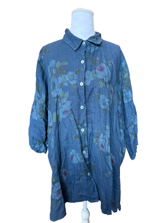 Miss rose sister violet Tops - Miss Rose Sister Violet 100% Linen Floral Button Down Tunic One Size Oversized
